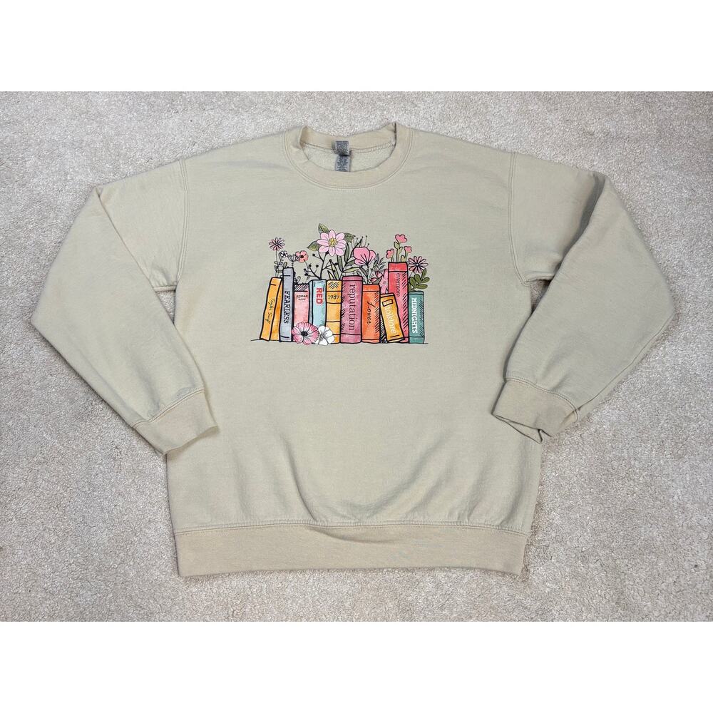Gildan Taylor Swift Albums As Books Graphic Crewneck Beige Sweatshirt Size S - Picture 2 of 5